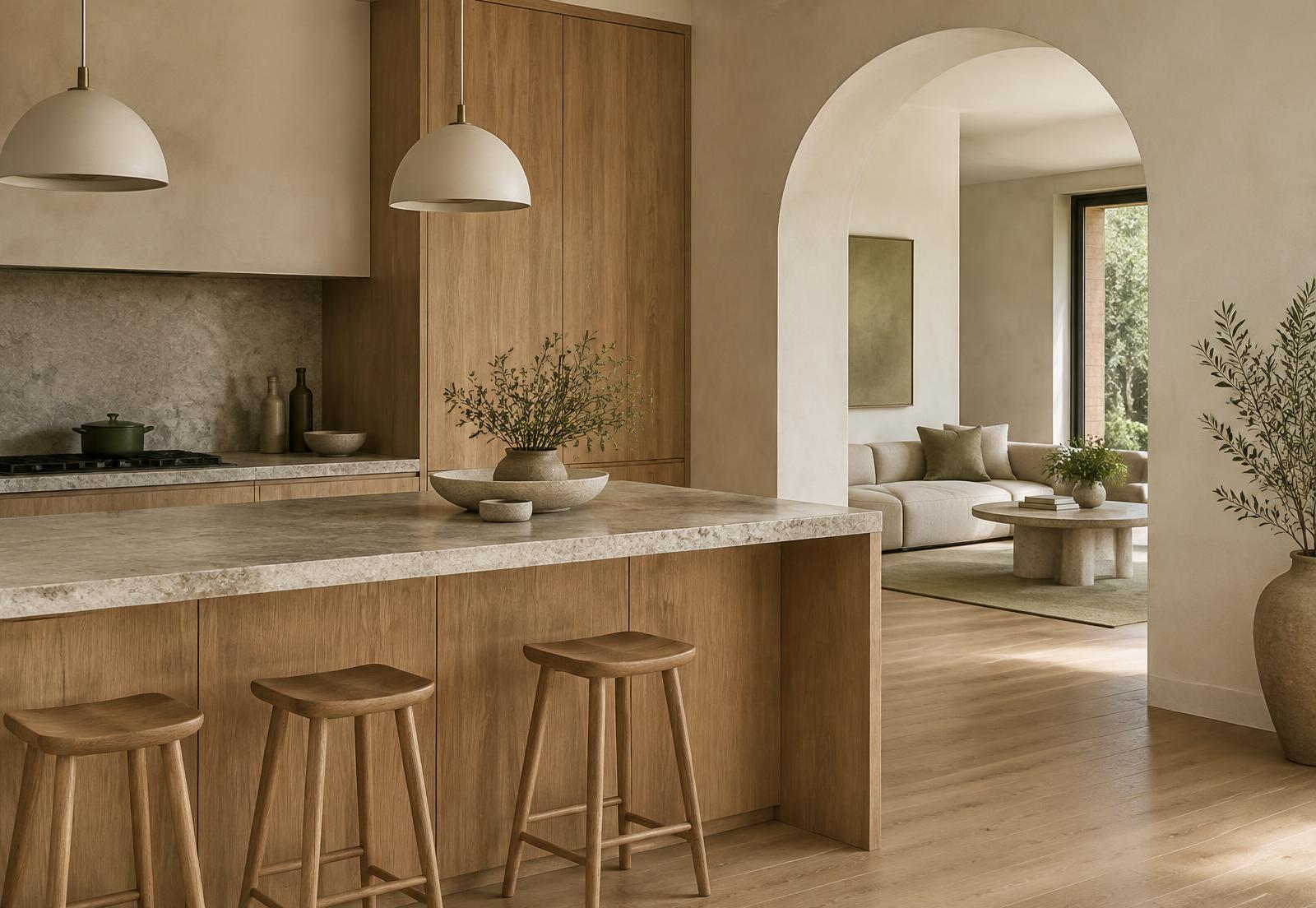 Natural wood and stone interior detail, illustrative imagery