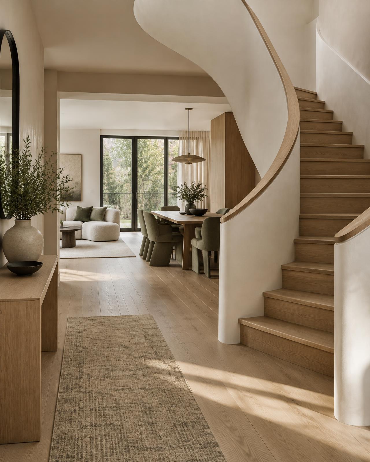 Sculptural staircase in a renovated interior, illustrative imagery