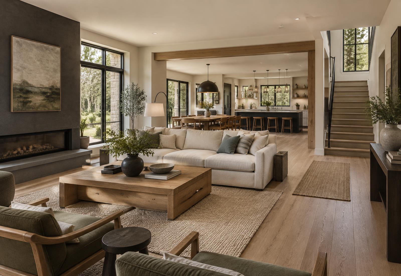 Open contemporary home interior, illustrative imagery